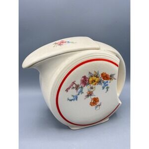 Vtg 40s Art Deco Disc Tilt Pitcher Lid Floral Red Trim Cream Ceramic